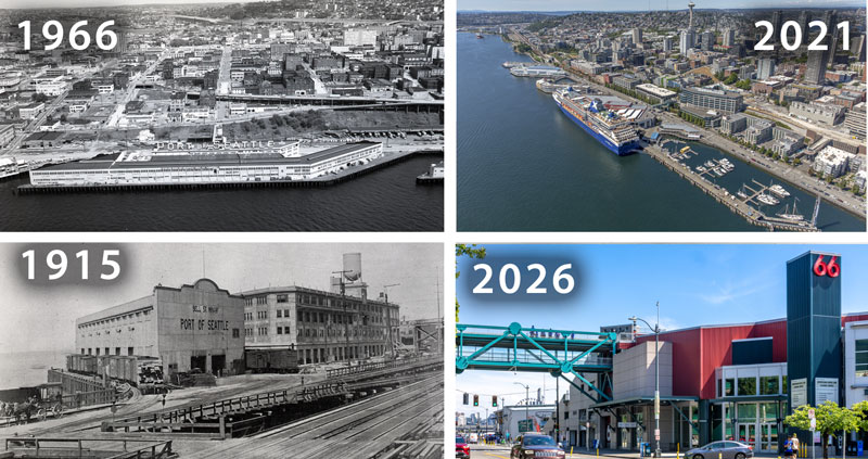 Four images of Bell Harbor Pier from 1915, 1966, 2021, and 2026, showing docks and the main buildings
