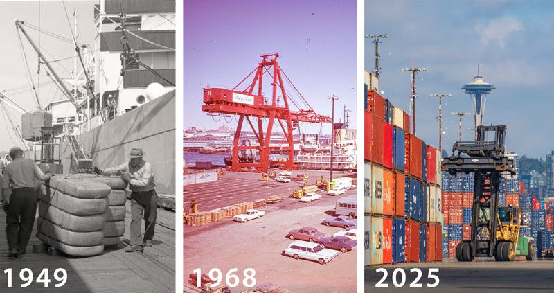 Three images of cargo activity from 1949, 1968, and 2025, showing the change in cargo operations over time.