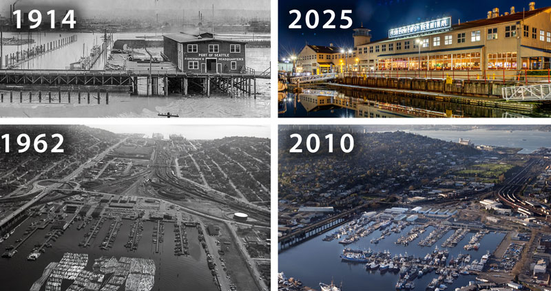 : Four images of Fishermen’s Terminal from 1914, 1962, 2010, and 2025, showing docks and the main buildings