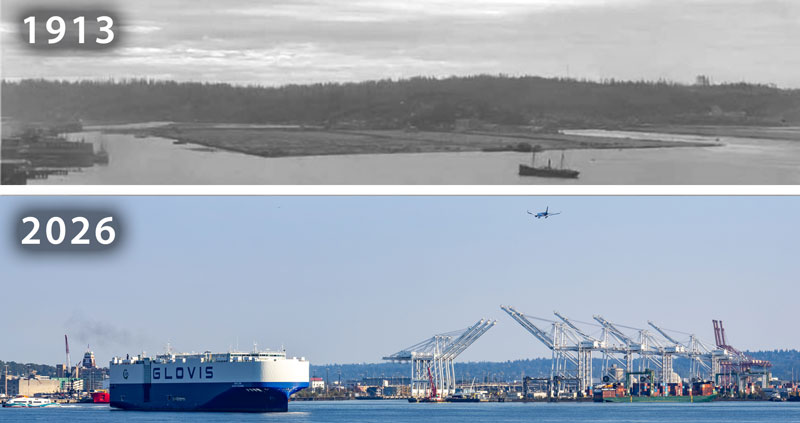 Two images of Harbor Island. The top image is from 1913 with no development and the bottom photo from 2026 shows the island developed as a container terminal.