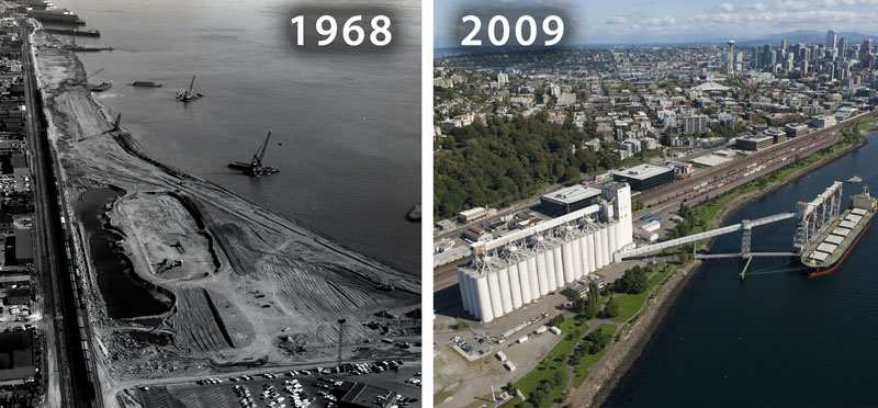 Two images of the grain terminal: one shows the area developed in 2009; the other shows it under construction in 1968