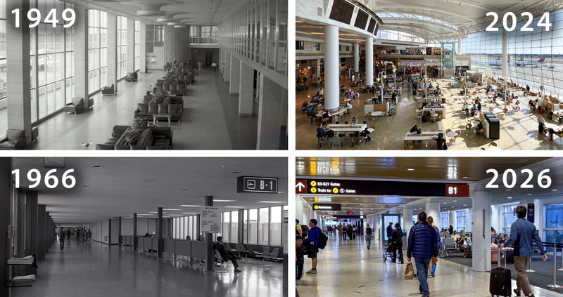 Four images of SEA Airport showing the change in the terminal over the years, from 1949, 1966, 2024, 2026