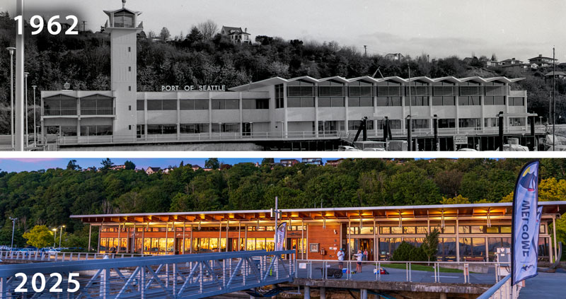 Two images of the Shilshole Bay Marina administration building. The top one is from 1962; the bottom one shows the new building in 2025.