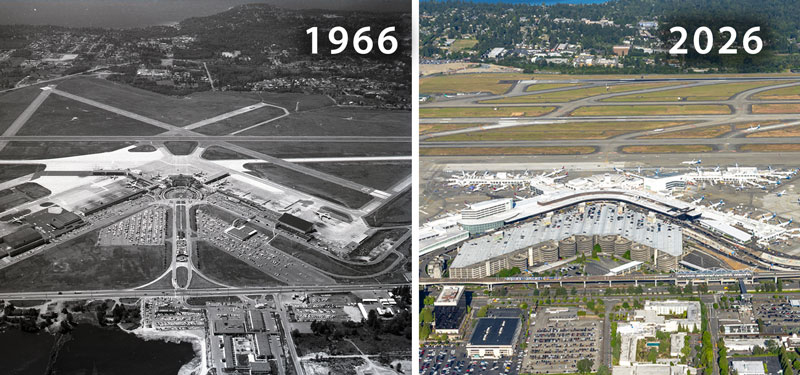 : Two images of Seattle-Tacoma International Airport from the air showing the same area. The one on the left is from 1966 and the one on the left is from 2026