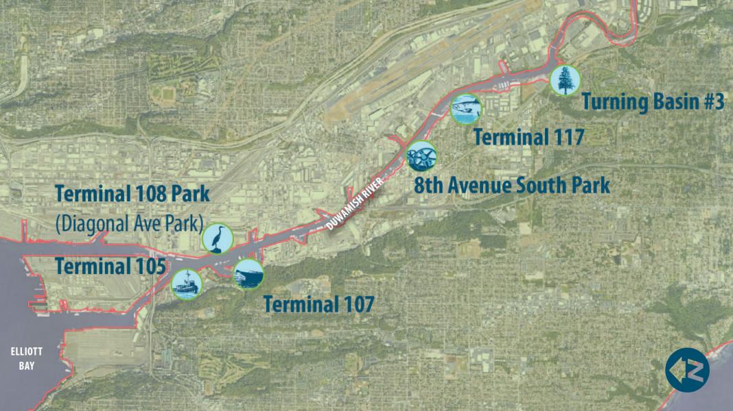 Aerial map of Duwamish River with six Port-owned parks: Terminal 105, Terminal 107, Terminal 108, Terminal 117, 8th Ave S, and Turning Basin #3