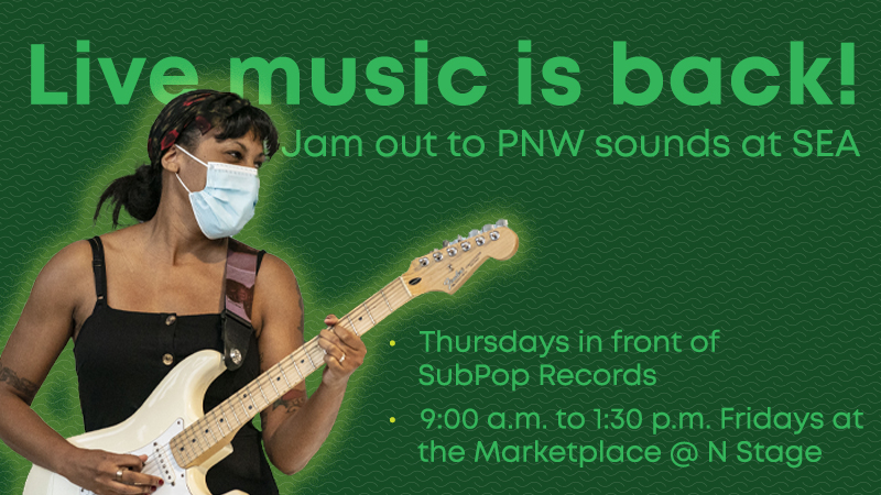 A graphic that shows a woman playing a guitar. The music program is back! 