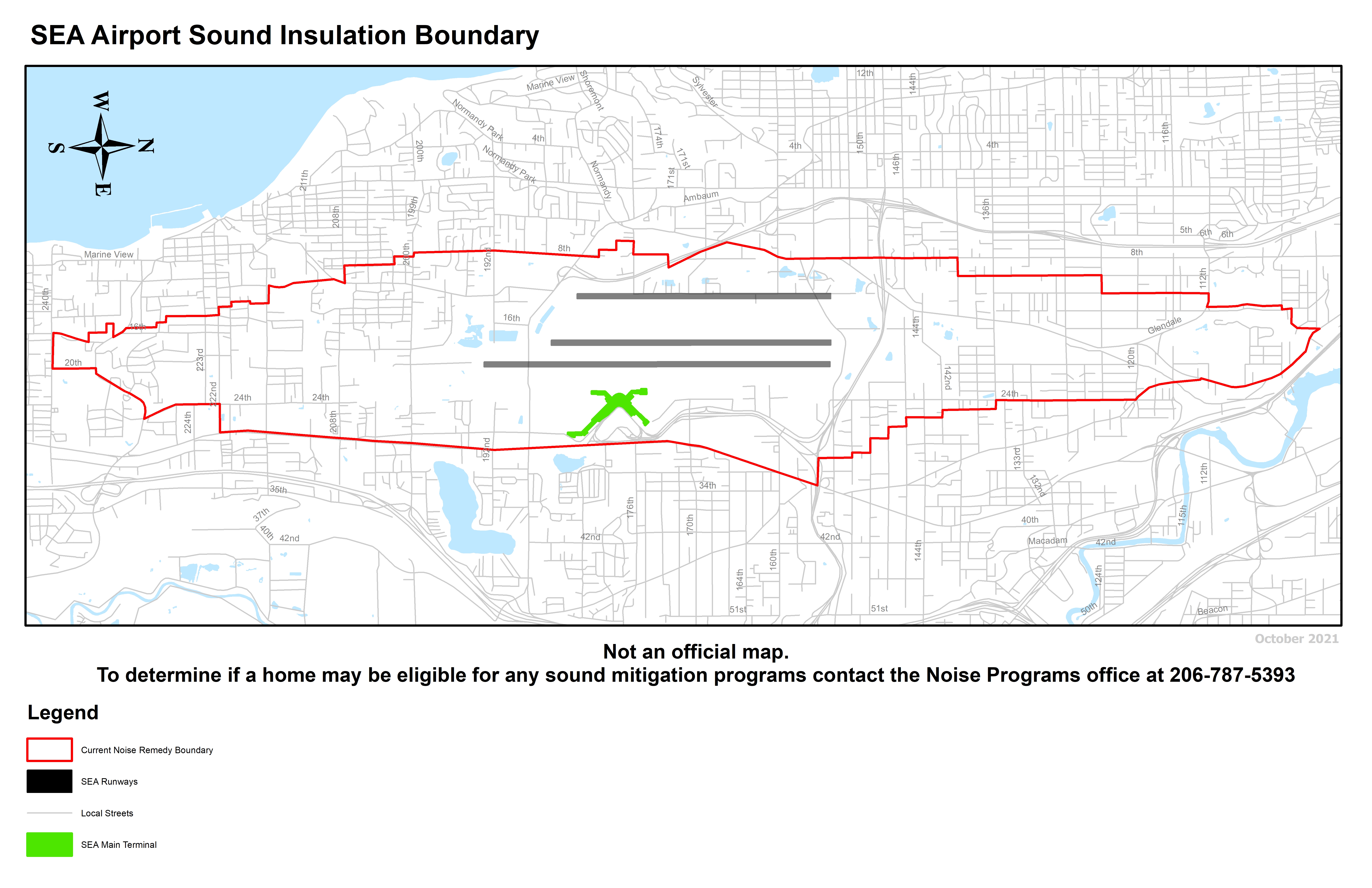 sample map of sound mitigation boundary, not an official map. Contact Noise Programs office for eligibility details