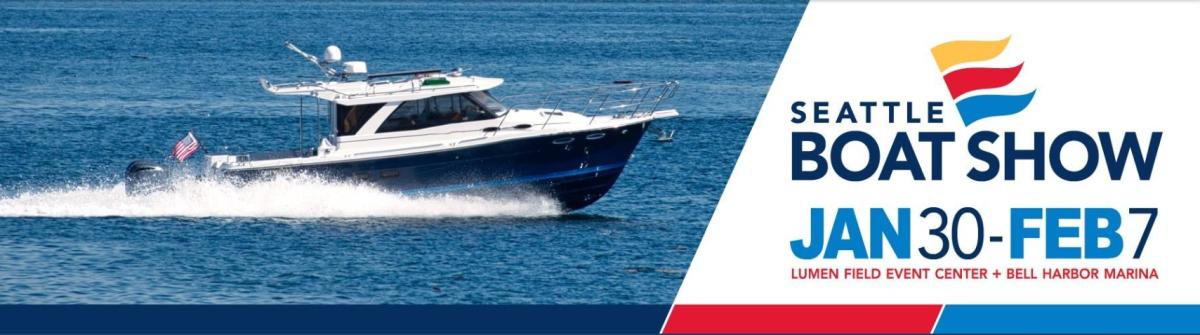 Seattle Boat Show January 30 through February 7 signature line graphic