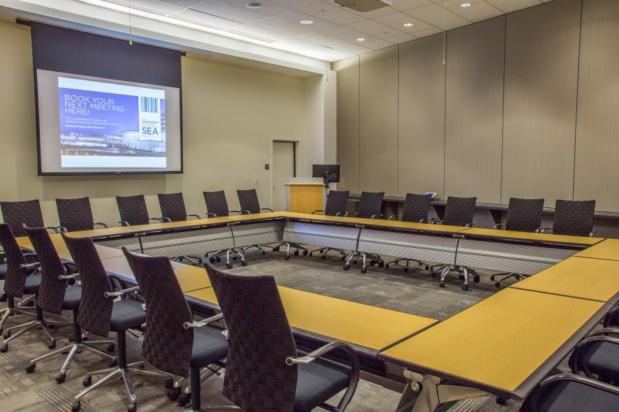 view from inside the Seoul conference room showcasing a hollow square set for 24 people