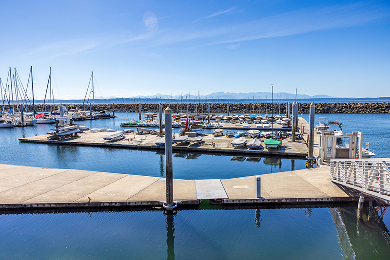 View of the boats and docks at Shilshole Bay Marina.