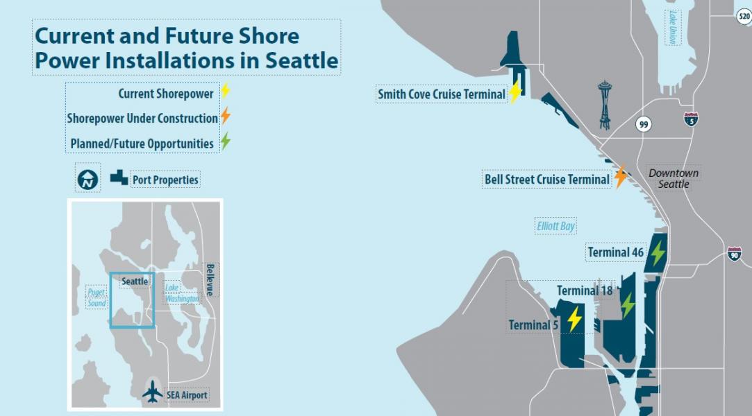 Map showing Port of Seattle current and future shore power facilities 