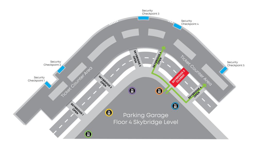Graphic of airport skybridges with skybridge 5 closed