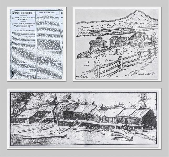 Three historical documents: an article, a drawing of the Duwamish with Mt Rainier in the background