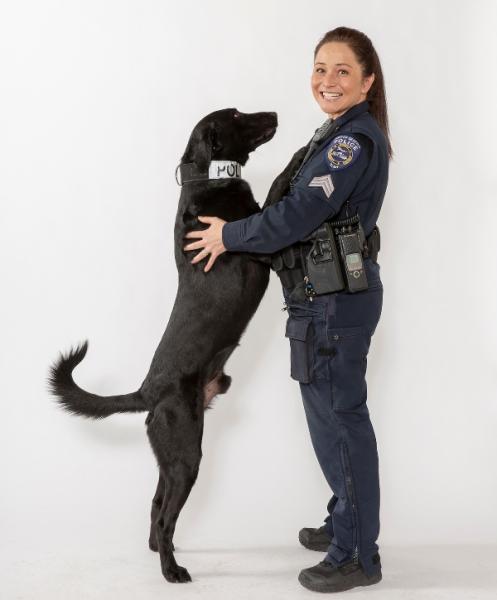 Police dog Ty stands with his officer