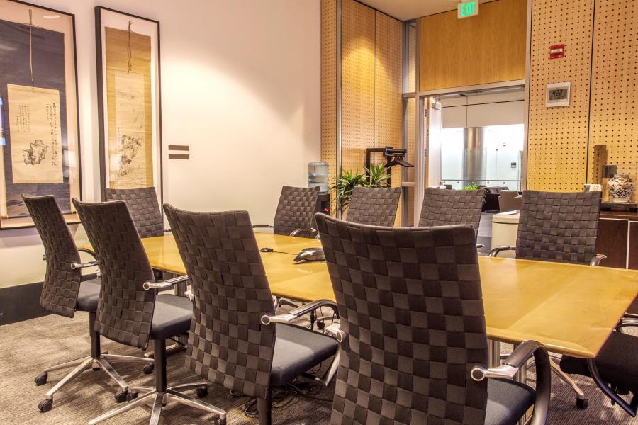 view from inside the Tokyo boardroom showcasing the table and 10 chairs