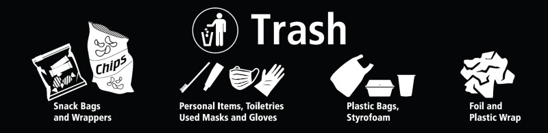 Put snack bags, wrappers, personnel items, toiletries, masks, gloves, plastic bags, styrofoam, dirty foil, and plastic wrap in the trash bin.