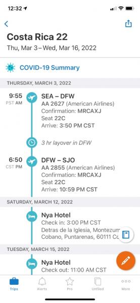 TripIt screen with detailed itinerary