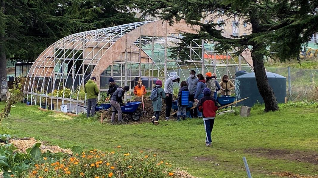 Participants check out the green house on a YES Farm Seattle Community Tour.