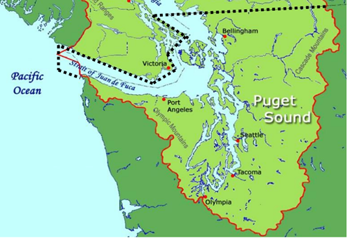 A graphic depiction of the U.S. portion of the Puget Sound airshed, which extends from Olympia in the South to the Canadian border in the north and is bound by the Cascade mountains to the east and Olympic range to the west.