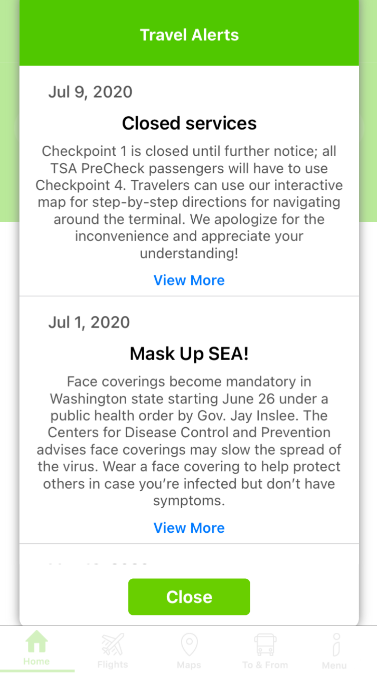Screenshot of the SEA app Travel Alerts page