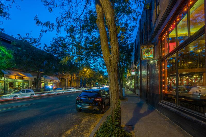 Night shot of Ballard Avenue restaurants