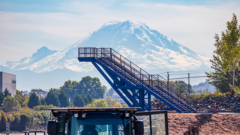 Former cruise gangway at Duwamish River People's Park with Mt. Rainier in the background