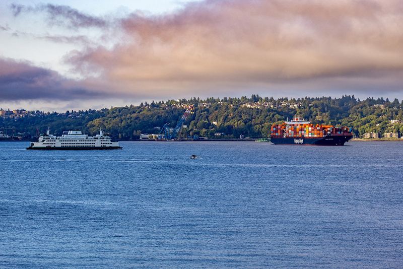 Ferry and cargo ship in Elliott Bay with Terminal 5 in the background.