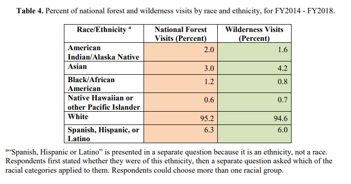 Table displaying ethnicity of users of National Forest lands 