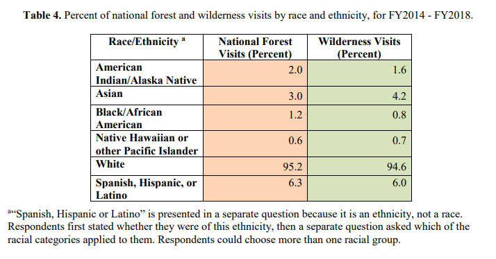 Table displaying ethnicity of users of National Forest lands