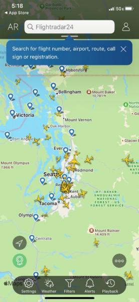 Map of airplanes flying over seattle