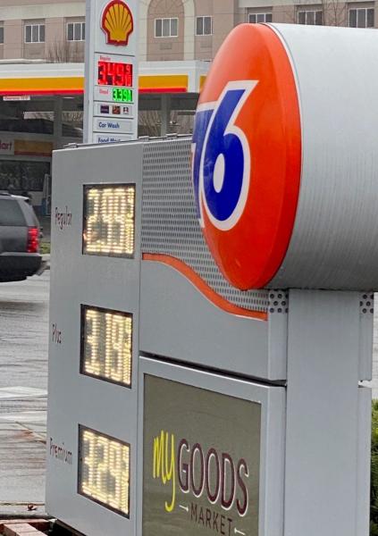 Gas stations across the street with different gas prices