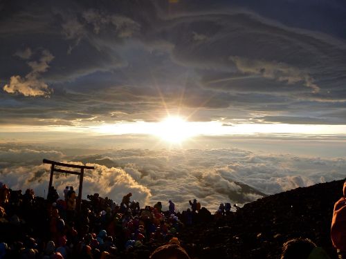 Hikers on the top of Mt. Fuji for the sunrise