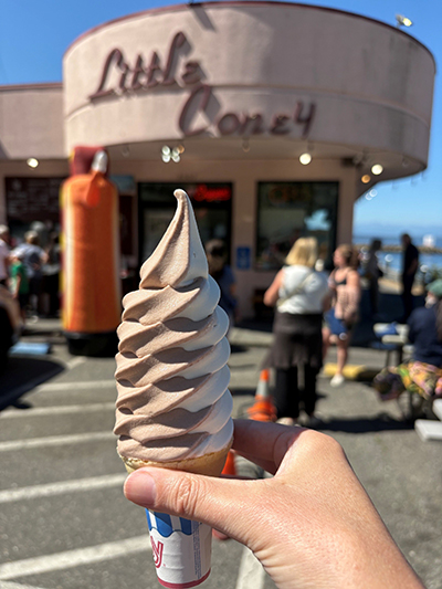 Hand holding a swirl ice cream cone with Little Coney as a backdrop