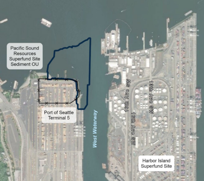 Aerial photo of Terminal 5 with outline of Lockheed Yard 2 cleanup site.