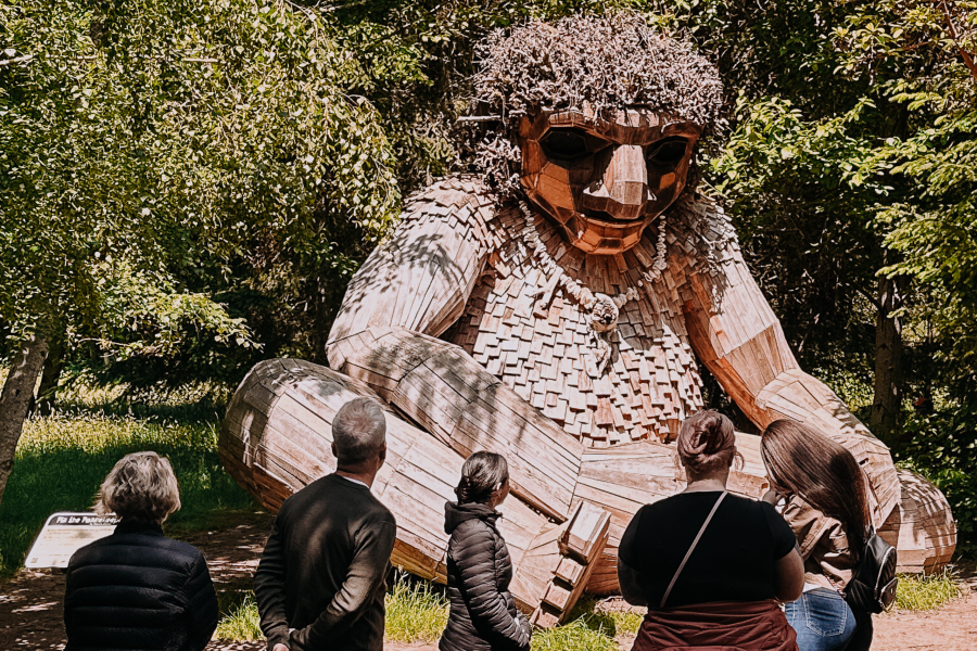 Five visitors stand with their backs to the camera, gazing up at a massive troll sculpture made of wooden planks and shingles, seated among tall trees in dappled sunlight. The whimsical figure dwarfs the people in front of it.
