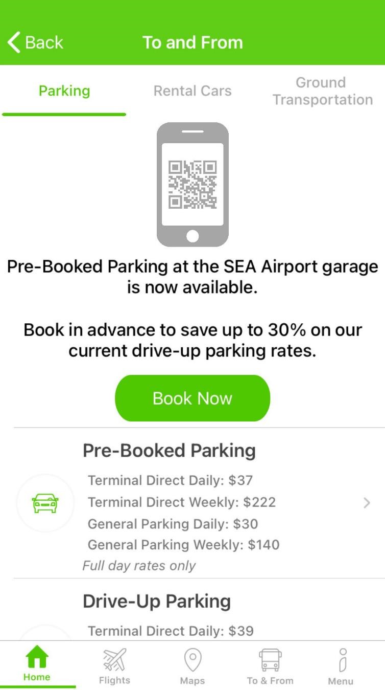 Screenshot from the prebooked parking screen in the SEA app