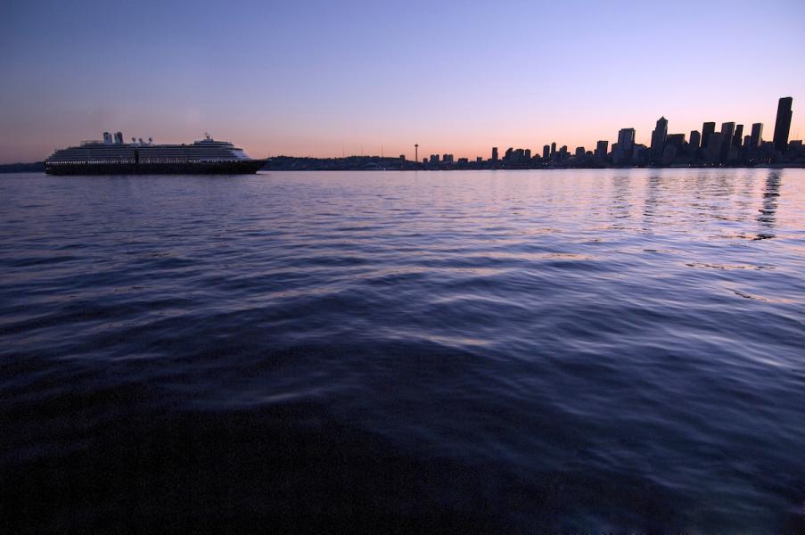Cruise ship in Seattle in 2006 against a sunset 