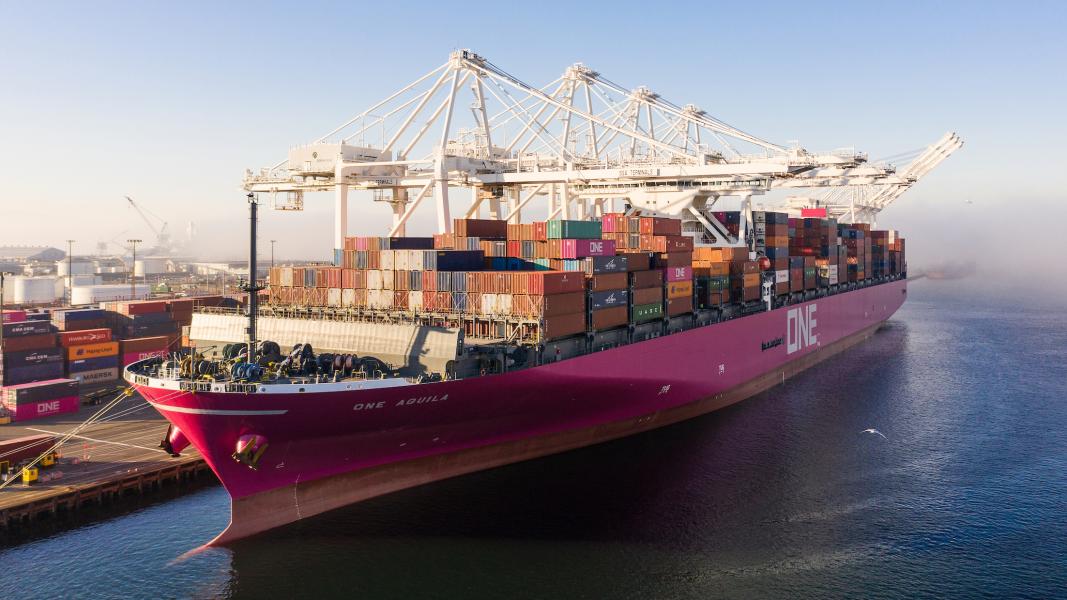 Large container ship arrives at Port of Seattle terminal