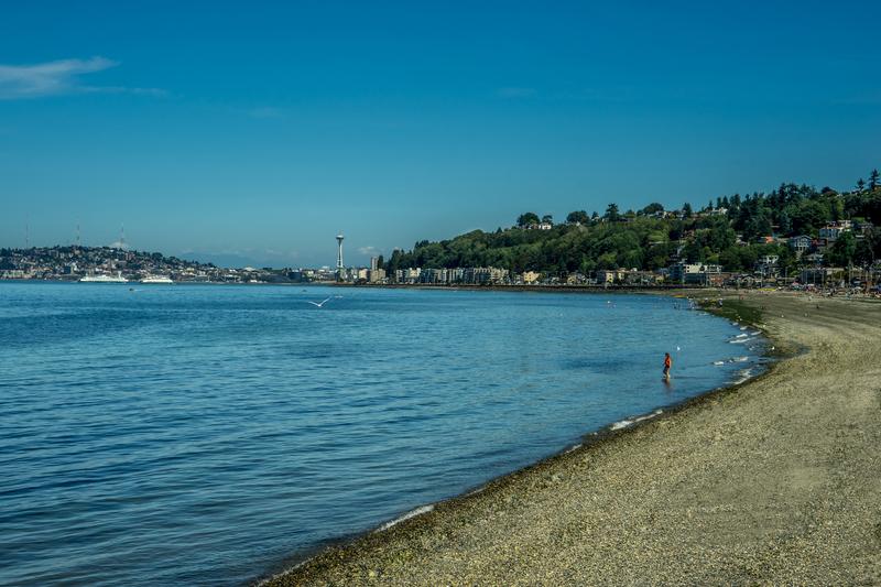 Alki Beach in West Seattle with Seattle skyline in background