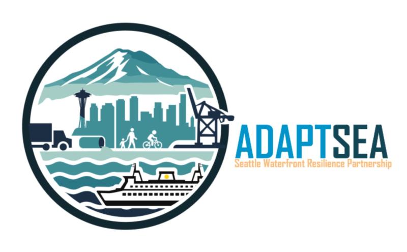 Logo for AdaptSea features design of mountain, city, water, people, and a boat. 
