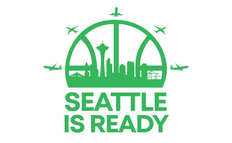Graphic logo combining images of jets with the classic logo of the Seattle SuperSonics, with the words 'Seattle is ready'