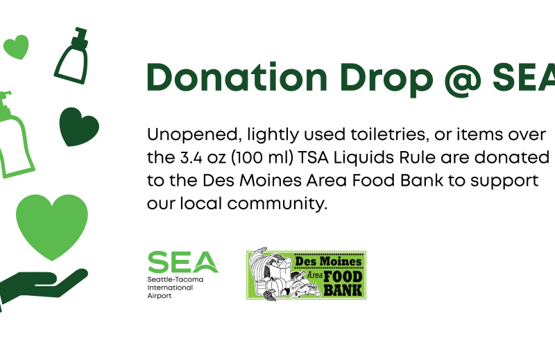 Donation Drop @ SEA graphic with guidelines, icons of toiletry bottles, and Des Moines Food Bank logo