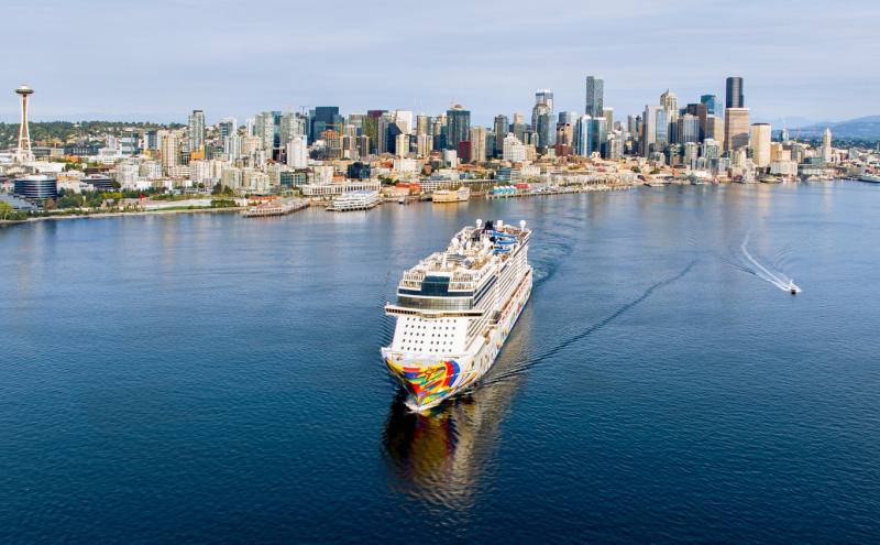 The Norwegian Cruise Line Encore leaves Bell Harbor Cruise Terminal in September 2023 for a cruise to Alaska