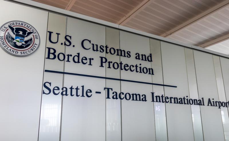 U.S. Customs and Border Protection sign at the International Arrivals Facility (IAF) at Seattle-Tacoma International Airport