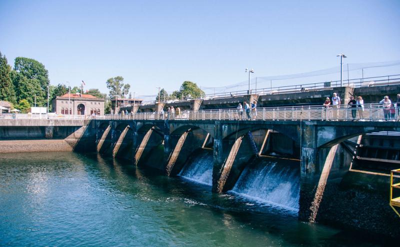 visitors over a bridge at the Ballard Locks