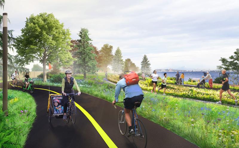 Rendering of a bike and walking path through a Elliott Bay Connections parks.