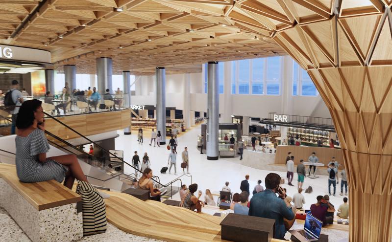 Rendering of the Grand Stair looking down at the Concourse Level and Tree at C