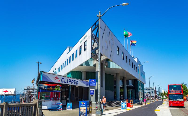 Side angle view of the Port of Seattle's Headquarters Building on Pier 69