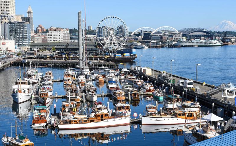 Aerial view of the classic yachts at Bell Harbor Marina