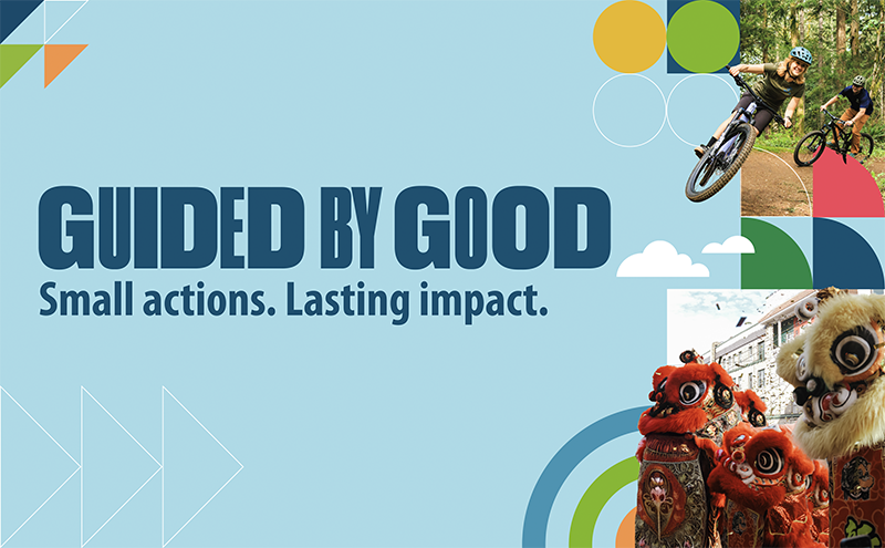 A light blue promotional banner reading "Guided by Good — Small actions. Lasting impact." in bold dark blue text. Colorful geometric shapes decorate the background. Two photos are inset on the right: mountain bikers navigating a forested trail, and vibrant red and gold Chinese lion dance costumes at an outdoor celebration.